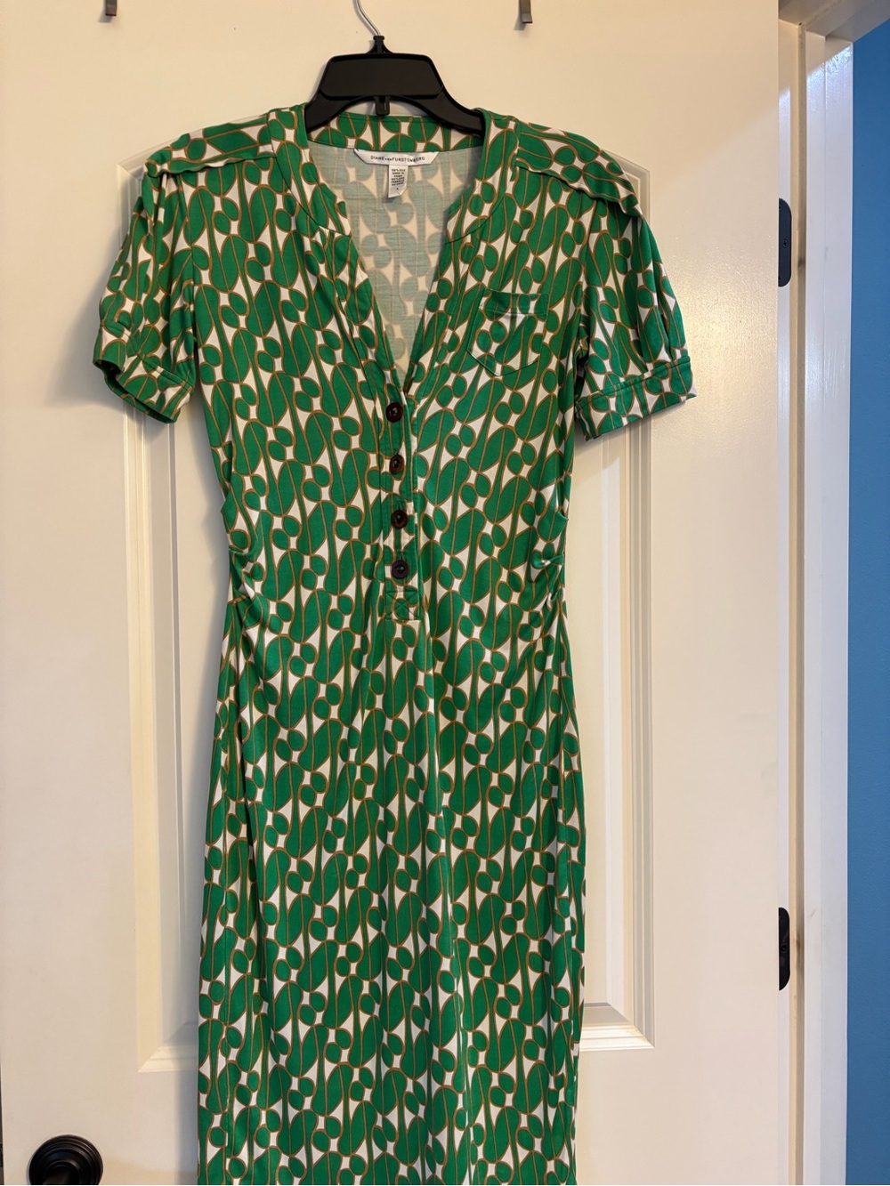 Diane Von Furstenberg Green and Cream Geometric Midi Dress